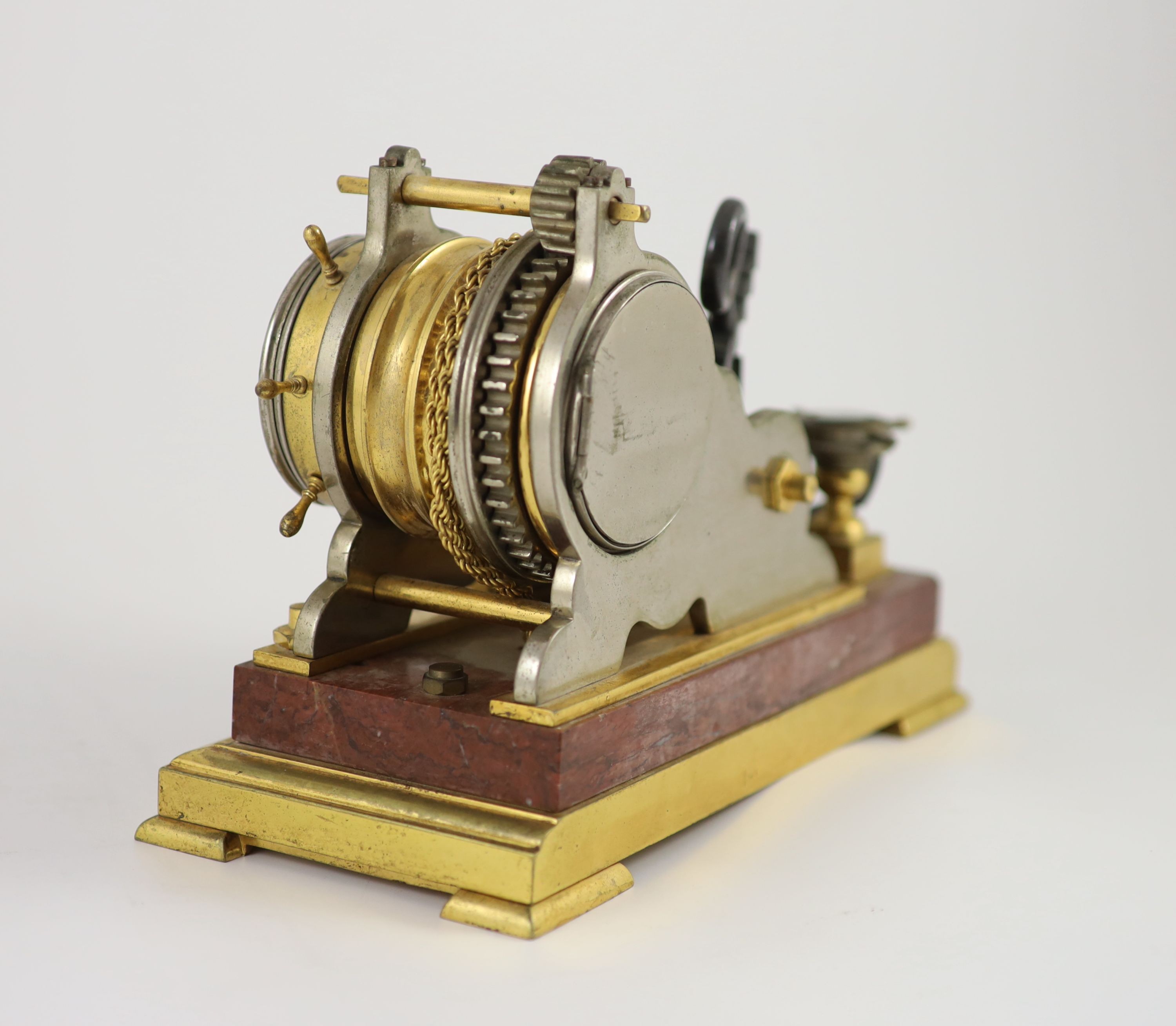 A late 19th century French gilt and silvered bronze desk barometer / timepiece, width 26cm depth 11.5cm height 17cm